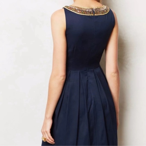 ANTHROPOLOGIE Moulinette Soeurs Navy Gold Trim Beading Dress - Picture 2 of 13
